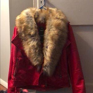 Red pleather jacket with collar fur